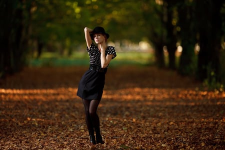 Chic in Black - hat, pretty, dress, girl, leaves, black, autumn, chic, foliage