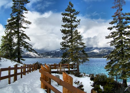 Winter view - beauty, lake, sky, fence, trees, background, photography, image, winter, nature, white, picture, clouds, snow