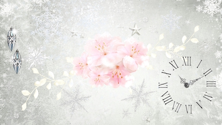 Seasons Collide - light, jewels, winter, summer, time, spring, star, sakura, snow, clock, blossom, snowing, flowers