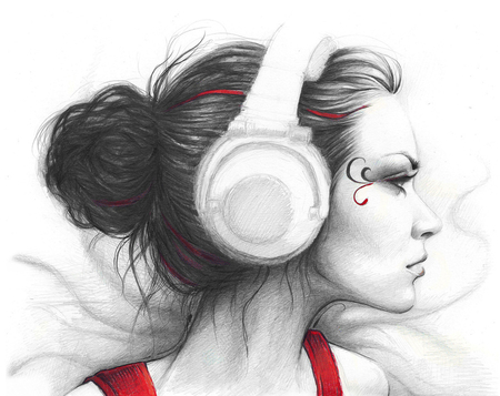 ILLUSTRATION BW/RED - illustration, music, woman, duotone, art