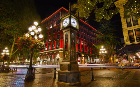 Beautiful Night in Vancouver - splendor, clock, night, leaves, flowers, clocks, view, houses, sky, house, trees, beautiful, lanterns, road, city, beauty, colors, lovely, architecture, buildings, lantern, tree, colorful, nature, canada, lights, vancouver, peaceful, building