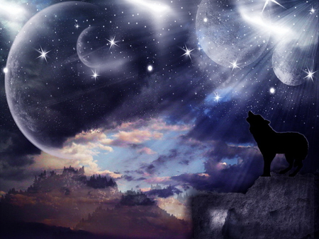 Howling wolf - sky, wolf, clouds, full moon, moon, howl, stars, night