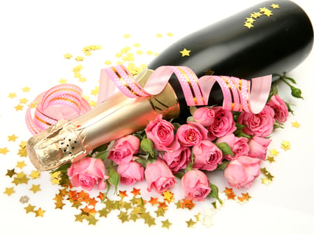 Roses and Champagne - pretty, roses, romantic, romance, pink, celebration, pink rose, flowers, wine, holiday, ribbon, for you, bottle, beautiful, pink roses, photography, valentines day, valentin, beauty, lovely, with love, love, still life, champagne, nature, rose