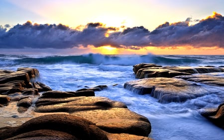 Ocean Waves - beauty, sky, ocean waves, peaceful, sun, sunset, rocks, view, clouds, ocean, sunlight, lovely, waves, nature, beautiful, blue, splendor, sunrise, sea