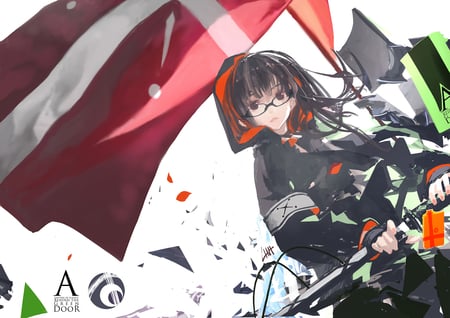 Great girl - brown eyes, glasses, lin, katana, weapon, sword, black hair, original