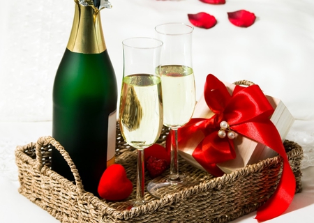 Valentine's Day!!! - elegantly, pretty, heart, romantic, romance, holiday, delicate, for you, bottle, valentines day, wet, beauty, colors, love, still life, petals, white, nature, gift, glass, wine, red, ribbon, box, beautiful, photography, lovely, with love, sweet, harmony, champagne, glasses, hearts