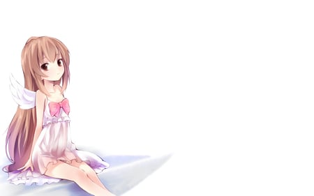 original - brown eyes, sit, long hair, brown hair, pink dress