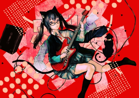 azusa - guitar, cat, bicolors, blue eyes, animal girl, long hair, uniform, black hair