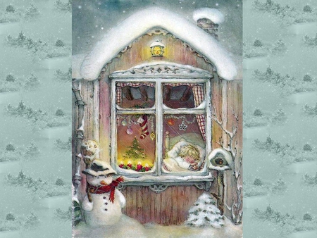 Xmas - christmas, snowman, winter, sleep, window, painting, art, chil