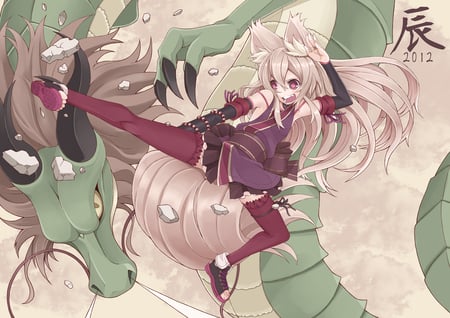 Dragon Hunter - tail, girl, animal ears, anime girl, original, foxgirl, anime, dragon, kimono, japanese clothes