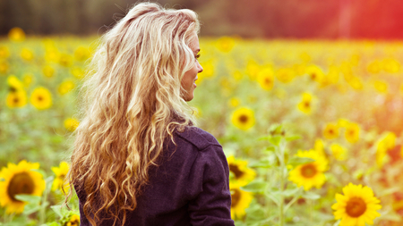 Brighter Tomorrows - flowers, sunflower, beautiful, bright, girl, field, smiling, hair