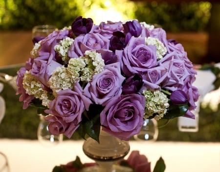 Sweet bouquet - vase, roses, delicate, romantic, sweetness, purple rose, beautiful, purle tulips, beauty, sweet, flowers, wonderful, tulips, white