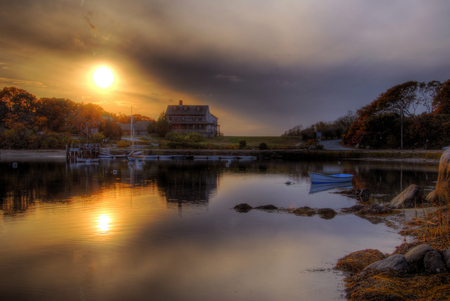 Golden ball - lake, sky, background, sun, water, image, sunset, nature, picture, view, reflection, beautiful, clouds