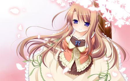 Anime Cutey - cyan, clothes, anime, clothing, blue, brown, eyes, dress, light, pink, flowers, purple, hd, girl, orange, flower, hair, green, background, outfit, wallpaper