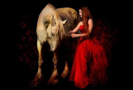 Beautiful Woman And White Horse - dress, horse, woman, beautiful