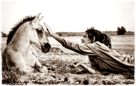 Friends - people, horses, woman, tender, caress, friend, animals, balck and white