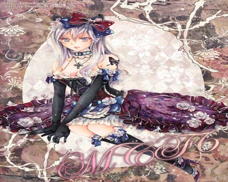 Gothic Girl - pretty, female, boots, dress, text, sitting, tattoo, anime girl, flower hair, hot, vocter, gothic, gothic girl, beauty, cool, sweet, flower, goth, smile, necklace, butterfly, rose, jewelry, cute, cross, sexy, gloves, lipstick