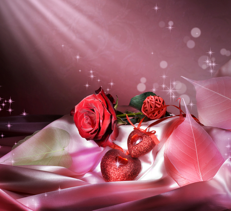 Valentine's Day!!! - pretty, elegantly, heart, romantic, romance, pink, leaves, holiday, red, ribbon, for you, silk, delicate, red rose, beautiful, photography, valentines day, beauty, colors, lovely, with love, love, still life, sweet, flower, harmony, nature, satin, rose, hearts