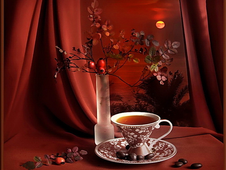 Evening - moon, tea, night, still life, cup, vase, curtain, romantic, evening, red, flowers