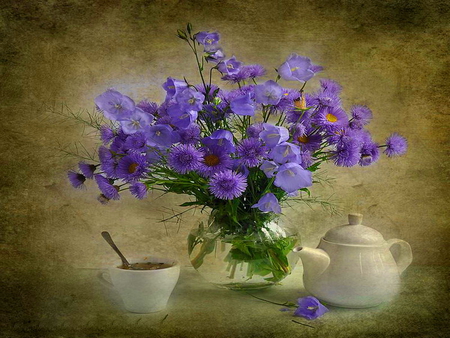 Still life - nice, coffee, delicate, tea, still life, lovely, vase, pretty, blue, beautiful, flowers, harmony