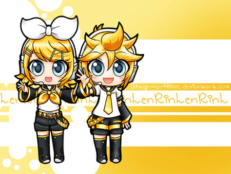 Vocaloids Rin & Len Kagamine - tie, headphone, kagamine twins, kawaii, big eyes, rin, cute, vocaloids, singers, ribbons, len