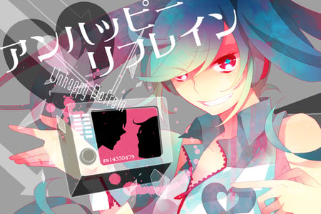 Unhappy Refrain - vocaloid, twintails, vector, love, radio, long hair, red eyes, saine, smile, miku, blue hair, hatsune