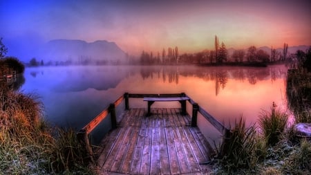 Rainbow Lake - misty, colorful, beautiful, soft, sunrise, tones