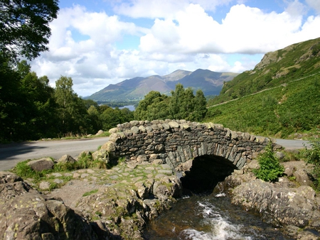 Stone Bridge - trees, clouds, mountains, grass, bridge, creek