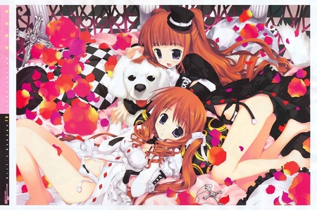 Girl's Avenue - girls, roses, hat, avenue, inu, dog, anime, flower, dress