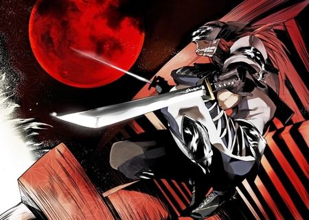 Fuuma Kotarou - moon, sengoku basara, swords, warrior, long hair, red moon, red hair, fuuma kotarou, cool, katana, anime, weapons