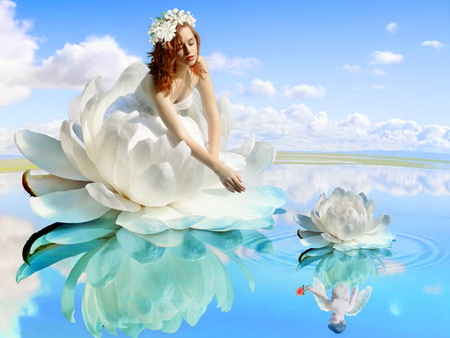 Life is a reflection - clouds, water, beautiful, girl, reflection, life, white dressed, lilly, nature, lady, woman, sky