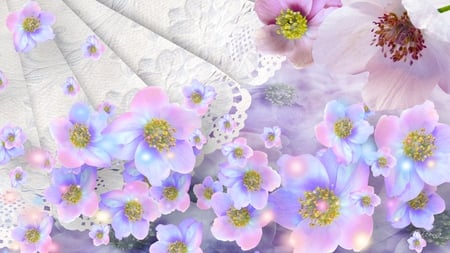 Flowers and Lace - summer, doilly, spring, blossoms, sakura, pink, lace, pastel, flowers