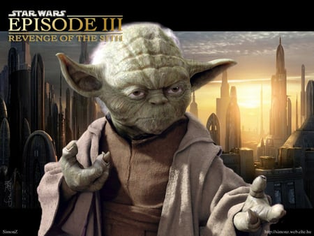 revenge of the sith - clouds, shadows, blue sky, buildings, sun, yoda