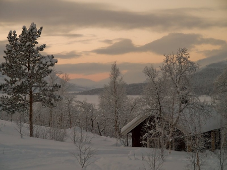 Saltoluokta, Sweden - sky, building, trees, mountain, sweden, snow, house, saloluokta