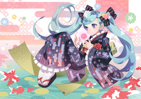 Hatsune Miku - vocaloid, twintails, hatsune miku, kimono, long hair, flowers, animal aqublue eyes, japanese clothes, fish