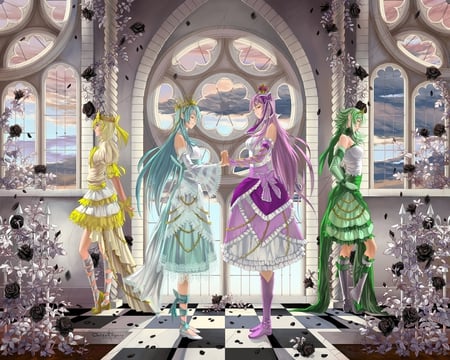 vocaloid - girls, hair ribbon, standing, multiple girls, crown, eyes closed, blonde hair, window, megurine luka, petals, hawai, anime, checkered floor, gumi, 4girls, short hair, shoes, hatsune miku, kagamine rin, blue eyes, long hair, purple hair, boots, blue hair, vocaloid, holding hands, signed, green hair, dress, flower, black rose