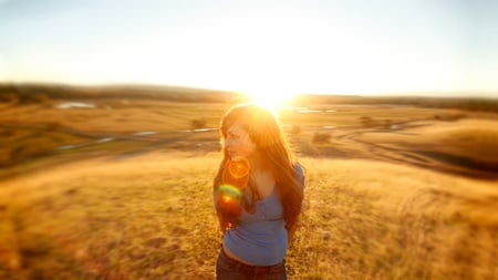 Sunshine - sunshine, female, girl, hair, photography, sun, field, nature, face, hd, beautiful