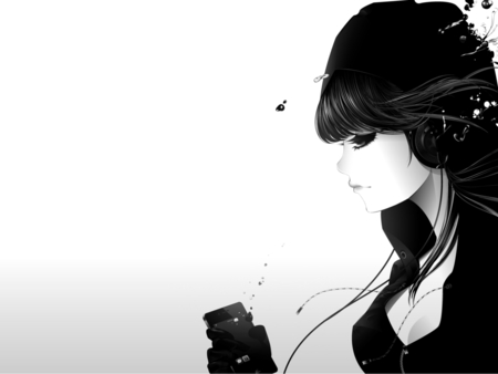 Music Girl - pretty, headphone, anime, emo, female, eye, music, face, black and white, earphone, abstract, mobile, ipod, hot, girl, vector, beauty, lovely, cool, digital painting, cg, lips, cute, sexy