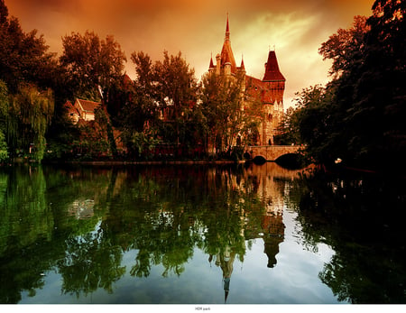 Palace on the Water - trees, lake, reflection, castle, bridge