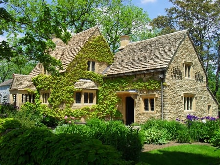 Picturesque Cottage - house, pretty, cotswold, stone, trees, beautiful, home, cottage