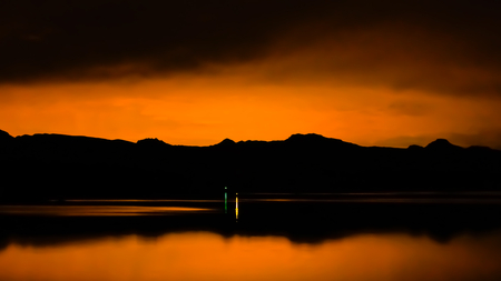 Orange sunset - sun, clouds, water, orange, sunset, mountains