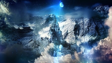 moonlit castle - moon, sky, clouds, castle, blue, light, fantasy, artistic