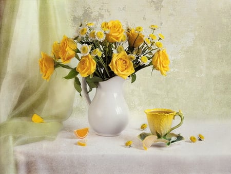 Still life - nice, roses, tea, still life, lovely, cup, vase, yellow, pretty, beautiful, flowers, harmony