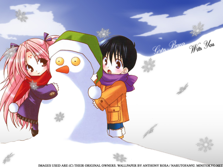 Snow Days - girls bravo, anime, snowman, chibis, snowflakes, miharu kenaka, snow, yukinari sasaki, scarfs, other