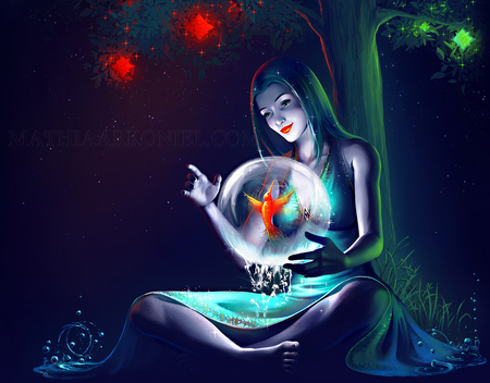 art water - girl, dark, 3d, magic, night, fantasy, bird