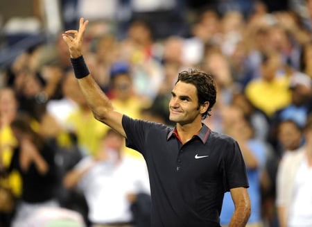 Roger Federer - male, nice face, blue t-shirt, tennis player