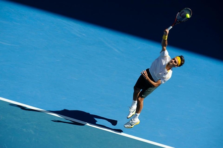 Roger Federer - blue floor, jump, tennis player, male, raquet