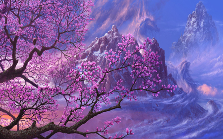 CHERRY FANTASY - mountains, cherry, fantasy, pink