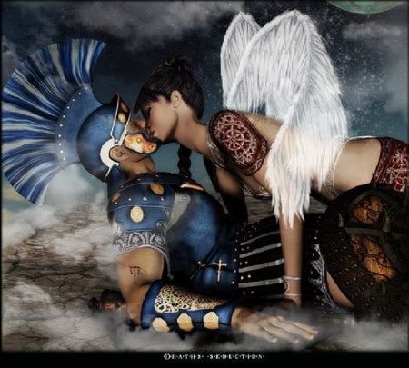 Angel Kissing a Warrior - boy, abstract, warrior, girl, angel, kiss, love