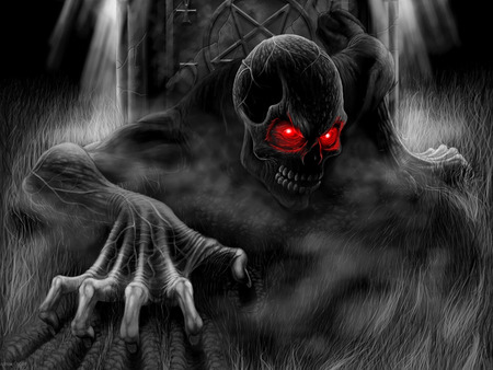 red eyed skullman clawing - reamimation, skull, bones, graveyard, creepy, black, undead, man, red, zombie